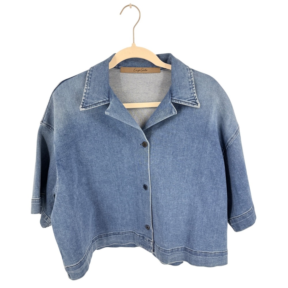 Enza Costa Denim Cropped Shirt Blue OS Boxy Oversized Made in USA Luxury Quality
